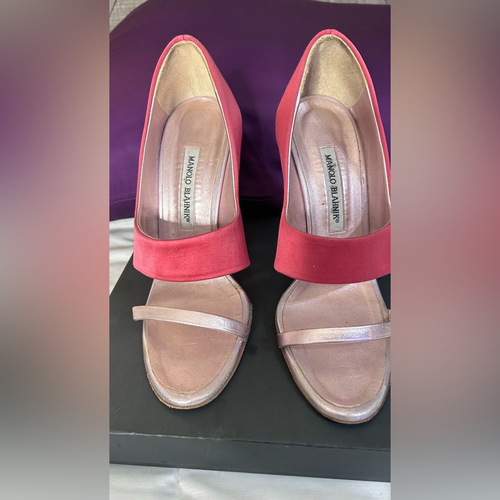 Manolo Blahnik Satin Open Toe Heel.